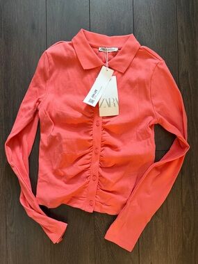 Zara coral ribbed button up long sleeve top Medium BNWT